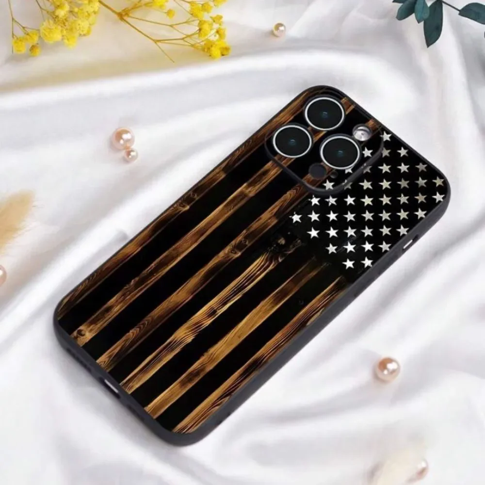 3for$20 NEW Wood Grain Flag Design Black Matte Tpu Case With Full Protection